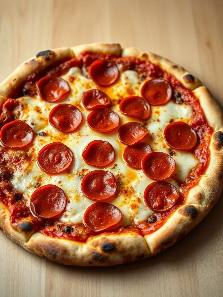 A close-up image of a 'Pepperoni Passion' pizza, highlighting the crispy pepperoni slices, melted cheese, and a hint of chili flakes, placed on a checkered tablecloth.