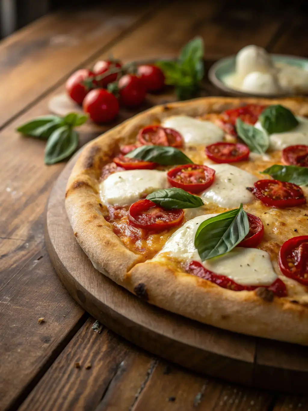 A vibrant, overhead shot of a 'Margherita Classica' pizza, showcasing its fresh basil leaves, ripe tomato slices, and melted mozzarella on a perfectly baked crust, set against a rustic wooden background.
