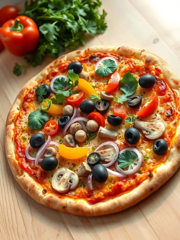 An enticing image of a 'Veggie Supreme' pizza, displaying a colorful assortment of fresh vegetables like bell peppers, mushrooms, onions, and olives on a golden crust, presented on a pizza stand.