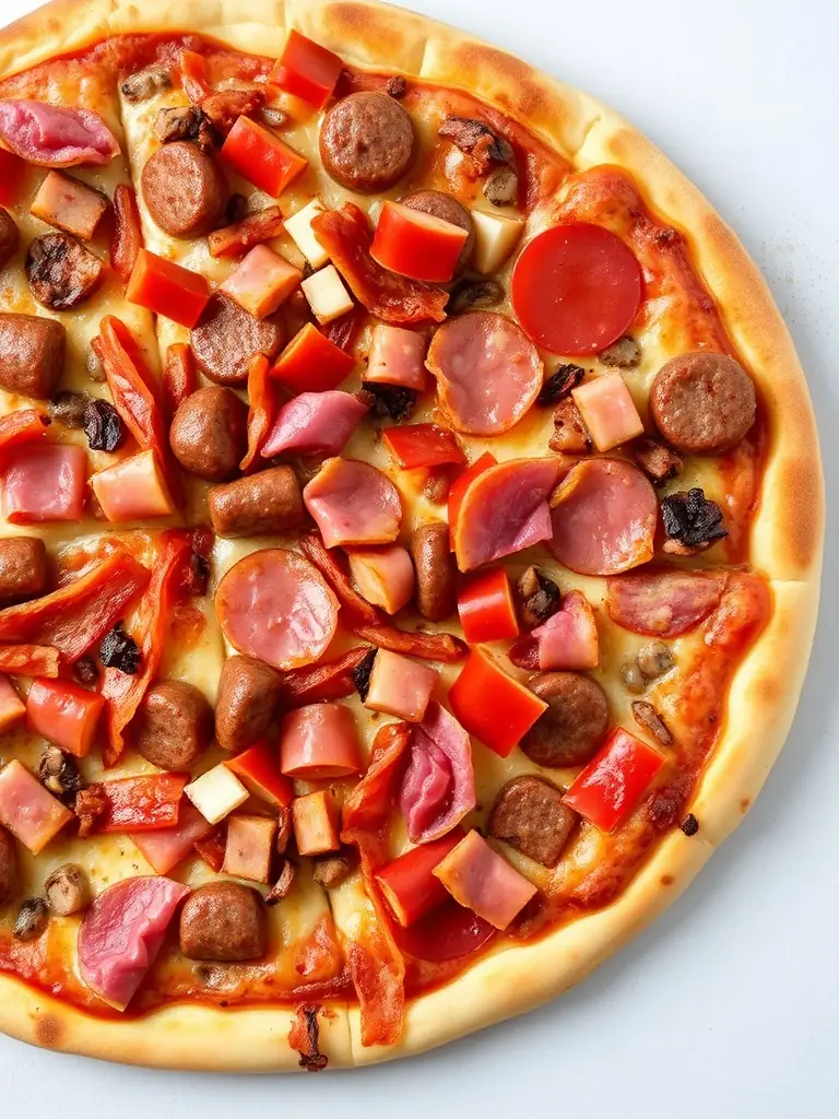 A mouth-watering shot of a 'Meat Lovers' pizza, showcasing a generous topping of various meats such as sausage, bacon, ham, and ground beef on a thick, cheesy crust, served on a metal pizza pan.