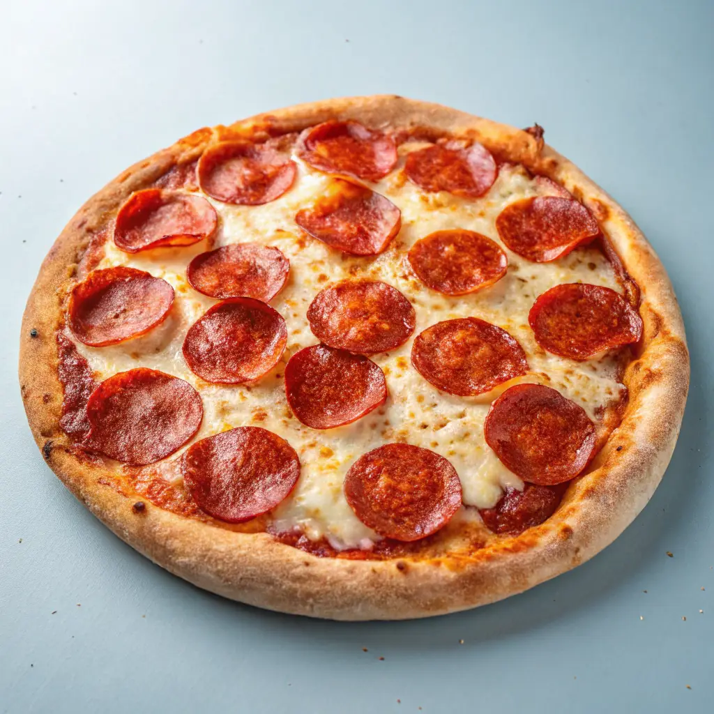 A pepperoni pizza with melted cheese and pepperoni slices on a wooden board.