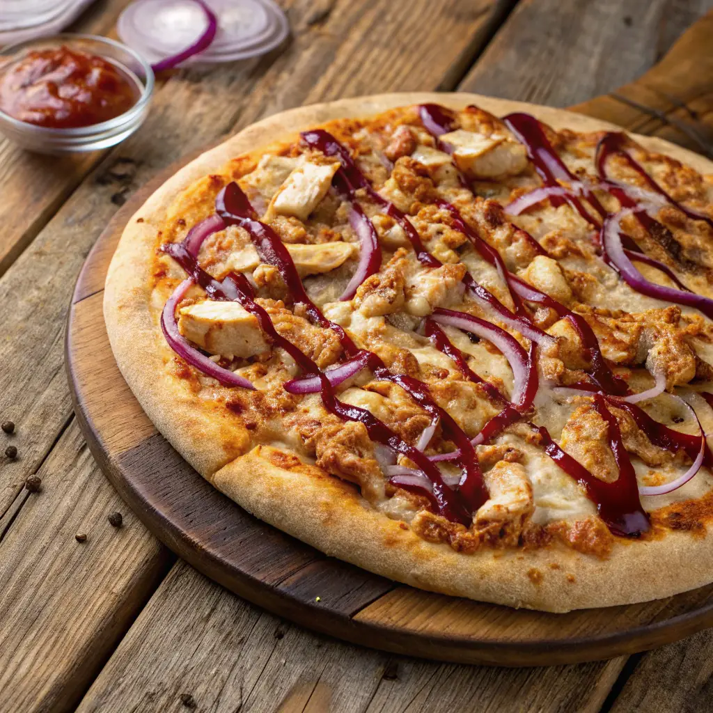 A BBQ Chicken pizza with grilled chicken and BBQ sauce on a wooden table.