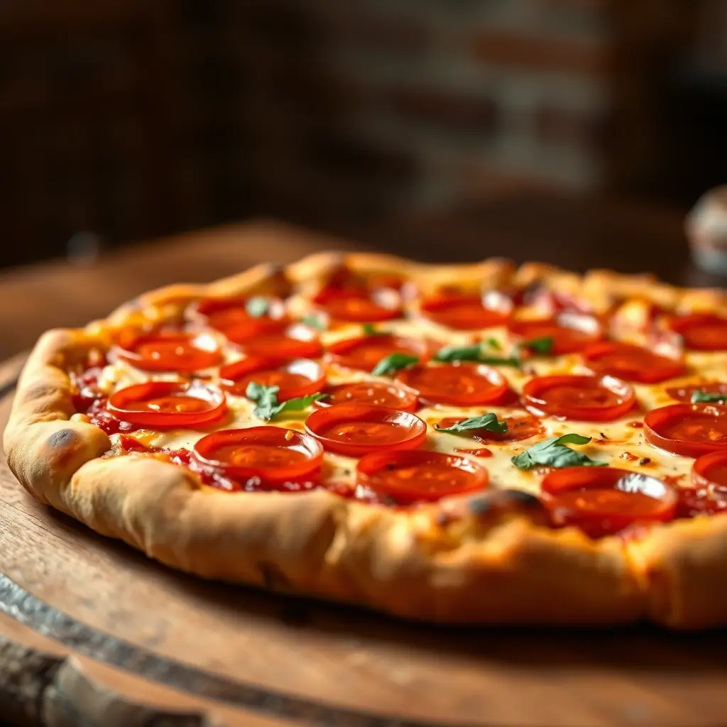 A Meat Lovers pizza with various meat toppings and melted cheese on a black stone.
